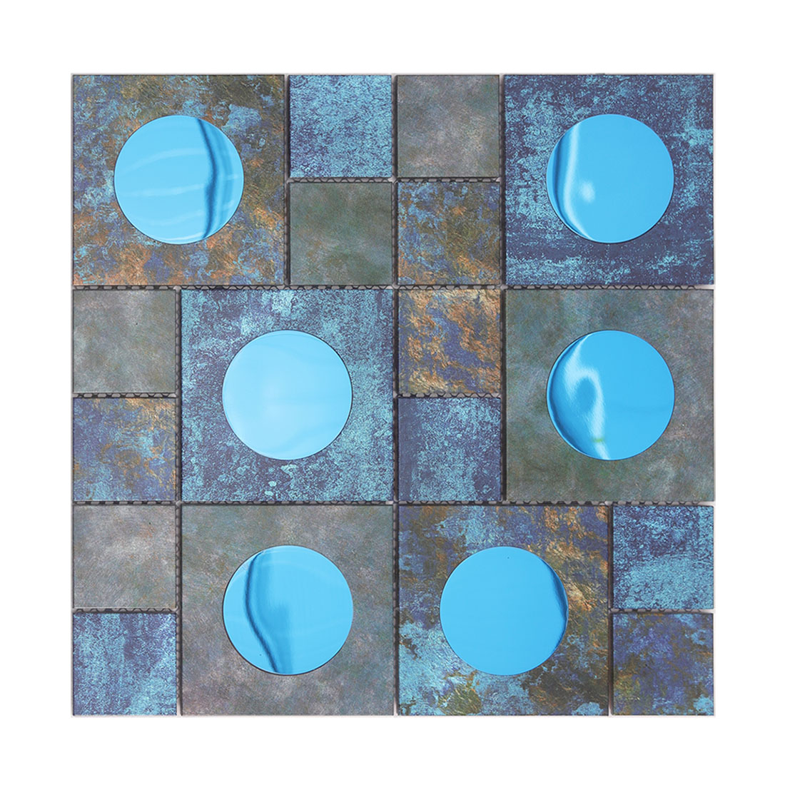 Blue black aluminum mosaic tile with round reflective glass inserts
