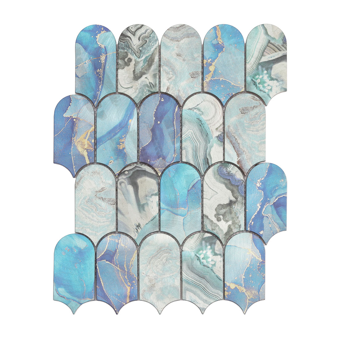 Blue gray rounded arch aluminum mosaic tile with gold veining accents