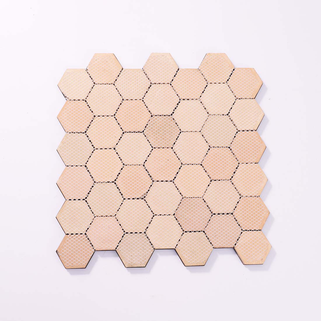 Back view of blue hexagon metal mosaic tile sheet