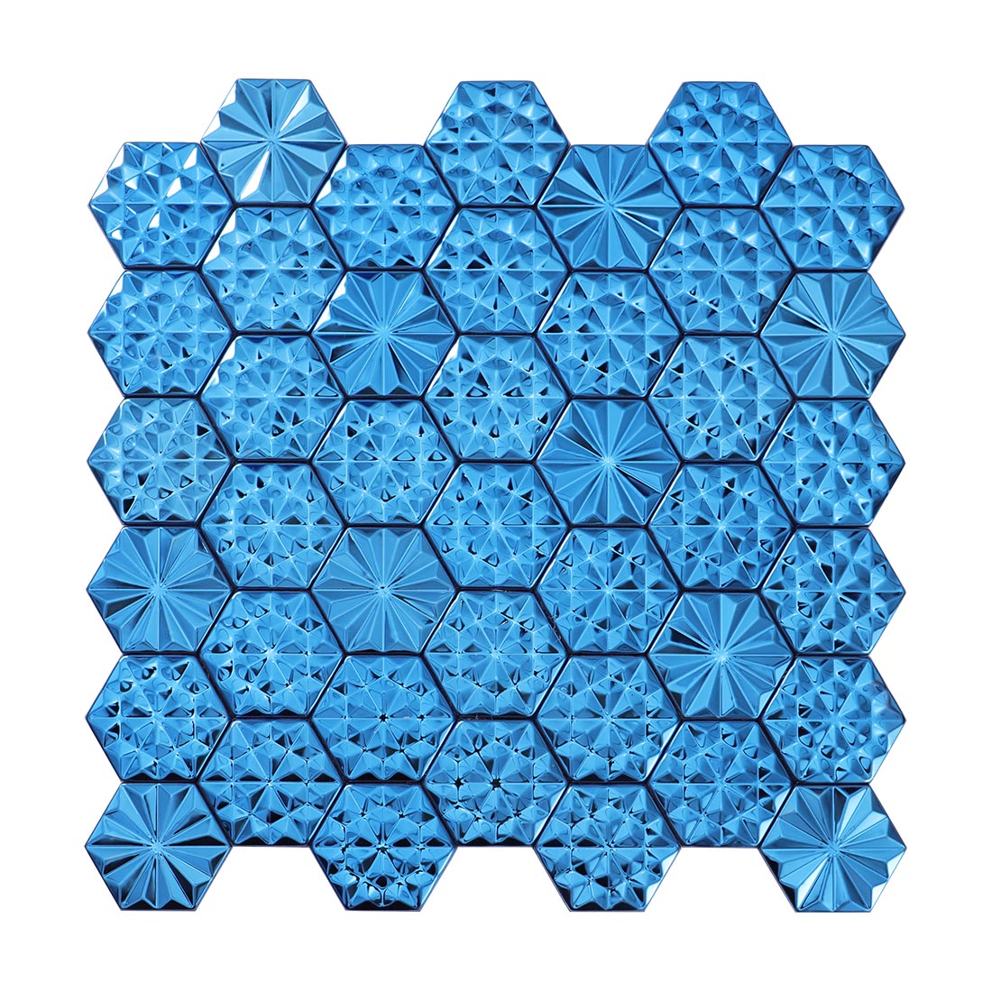 Full sheet of blue hexagon metal mosaic tiles with dimensional textures