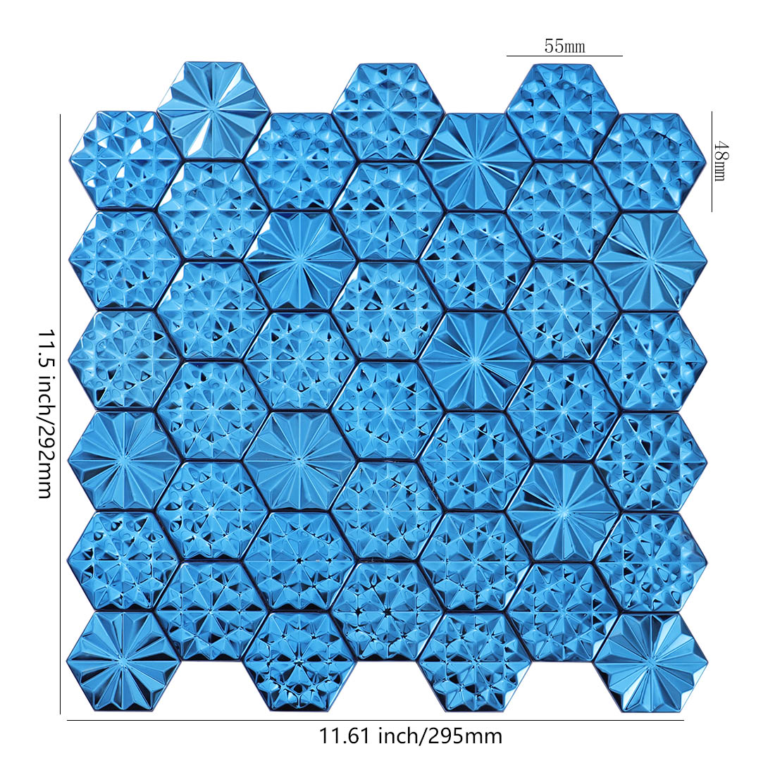 Blue hexagon metal mosaic tile sheet with mixed 3D geometric patterns