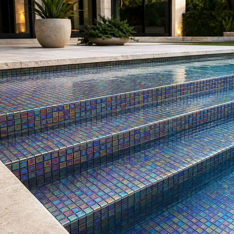 Detailed view of iridescent glass mosaic tiles on submerged swimming pool steps
