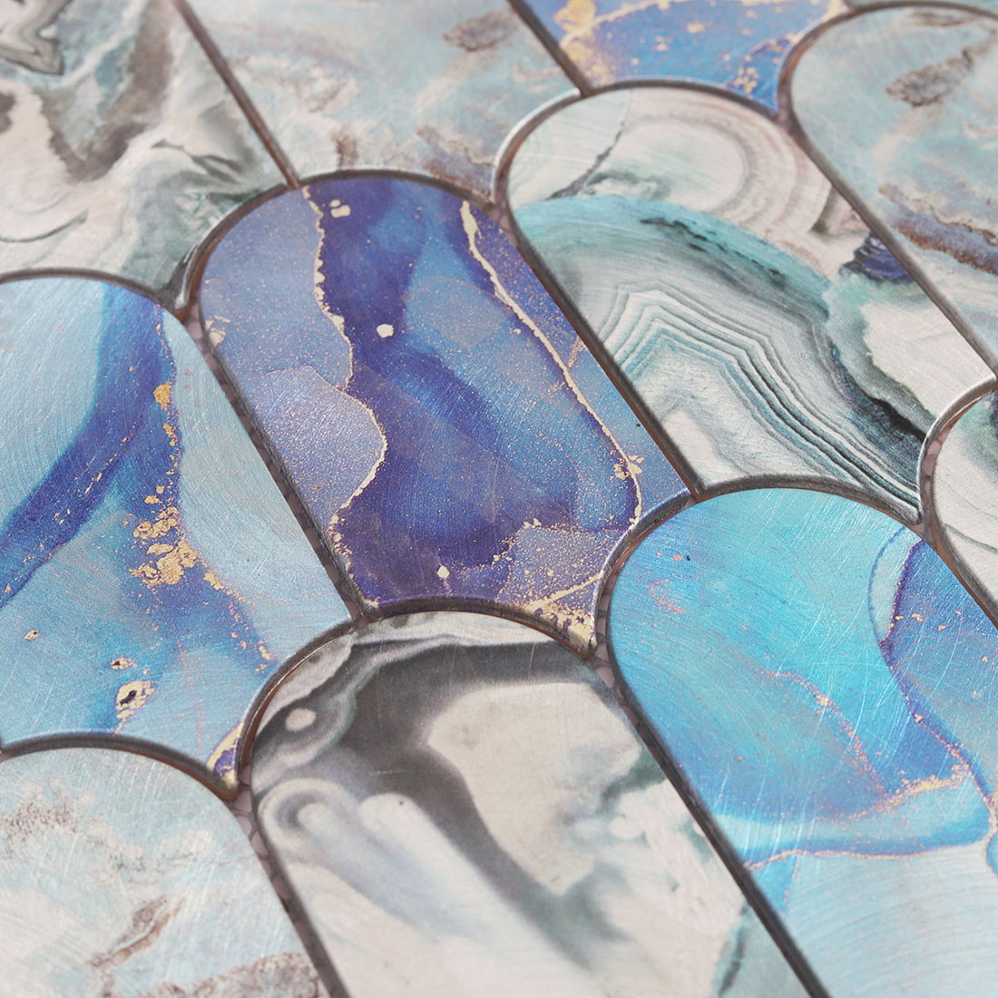 Blue marble look rounded arch aluminum mosaic tile with gold line details