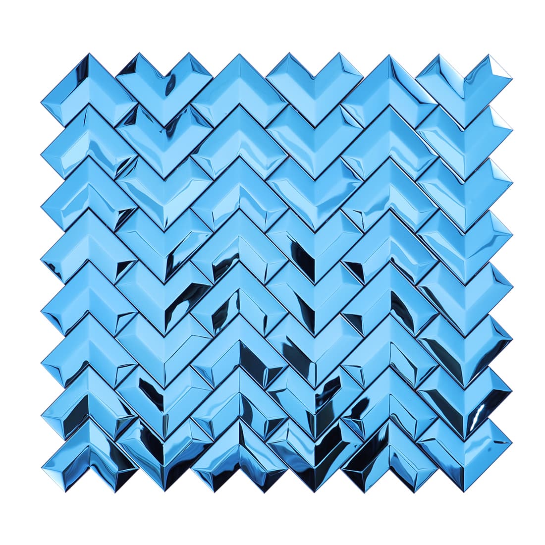 Frontal view of a blue mirror finish V-pattern stainless steel mosaic tile sheet.