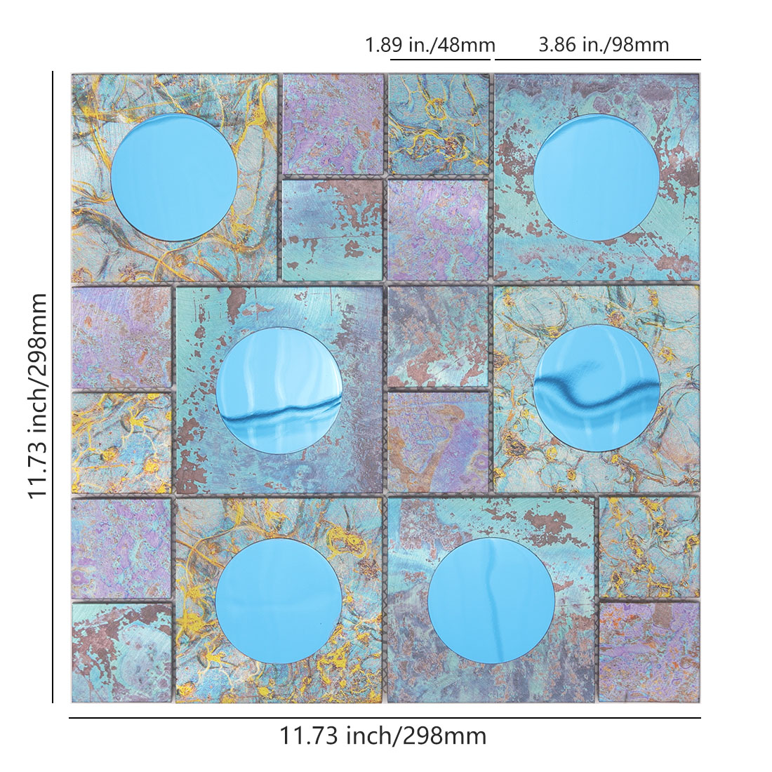 Blue round mirror inserts on textured square aluminum mosaic tile sheet