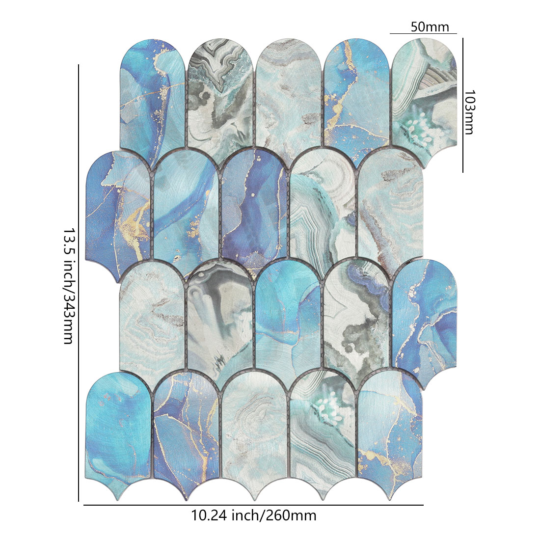 Blue rounded arch aluminum mosaic tile sheet with marble style pattern