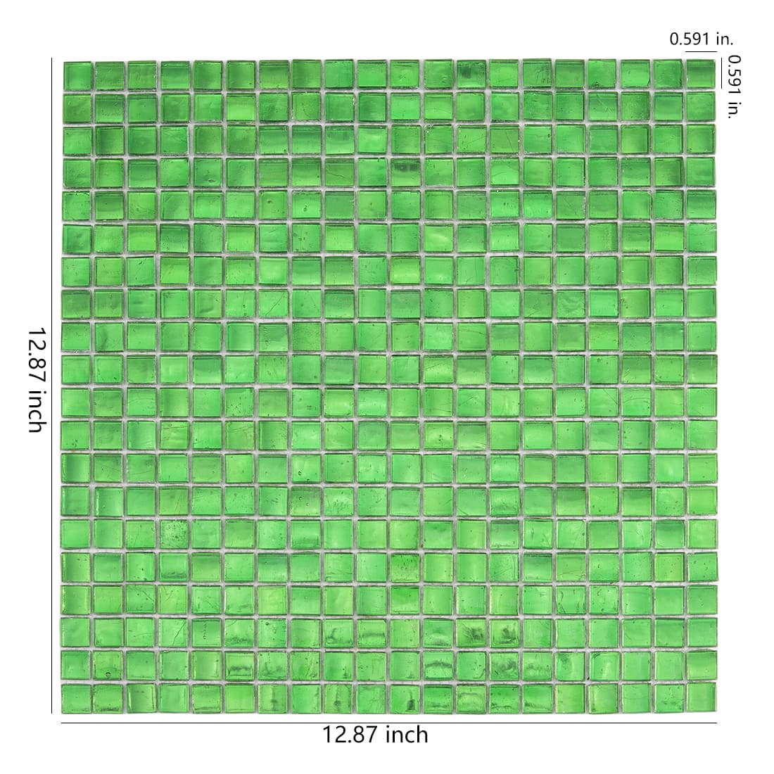 Bright green square glass mosaic tile sheet with size labeled 12.87x12.87 inch,