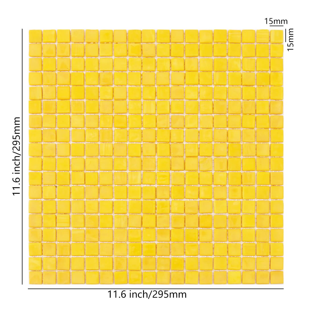  Bright yellow 15x15mm square glass mosaic tile sheet, 11.6 inch with measurements