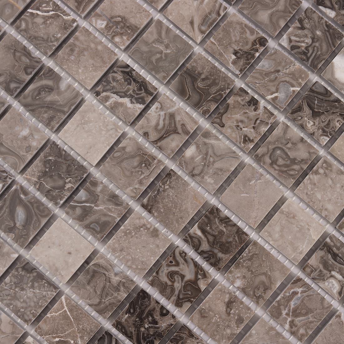 Close up surface texture of brown marble square mosaic tiles