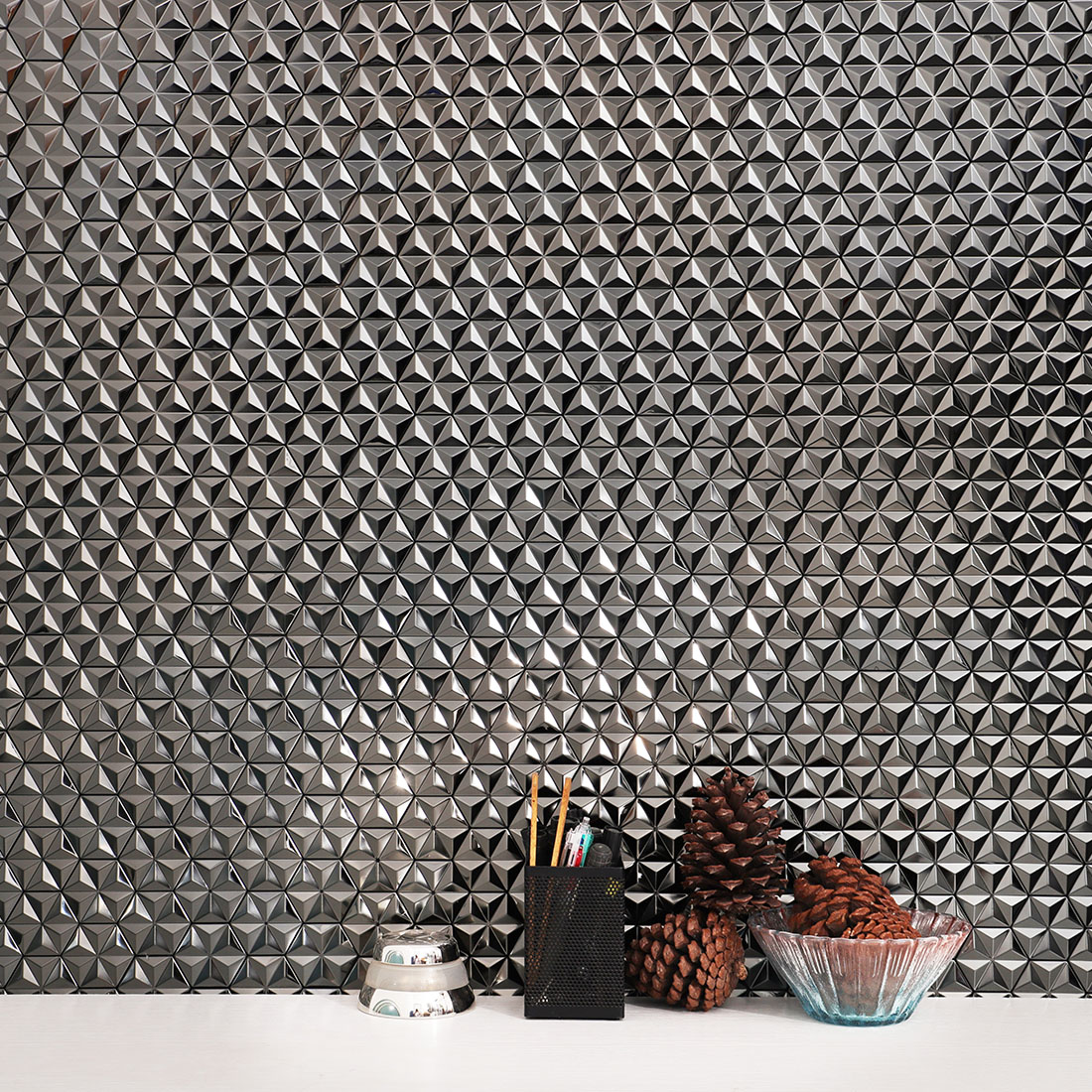 Brushed black geometric metal mosaic tile kitchen backsplash wall