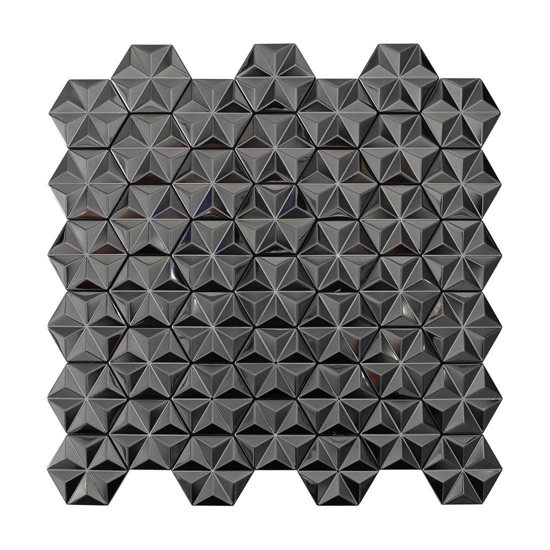 Full sheet of brushed black faceted geometric metal mosaic tiles