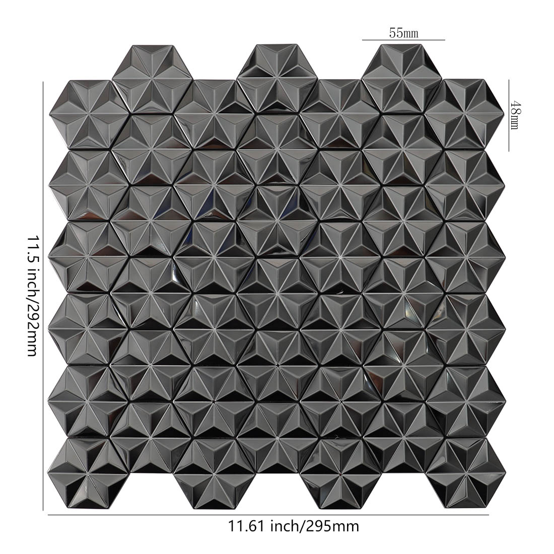 Brushed black geometric metal mosaic tile sheet with faceted hexagonal chips