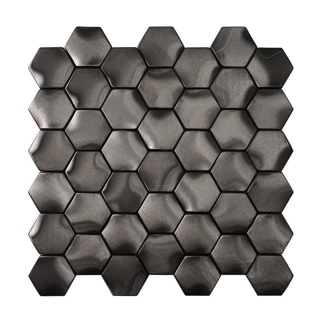 Frontal view of a brushed black hexagon stainless steel mosaic tile sheet.
