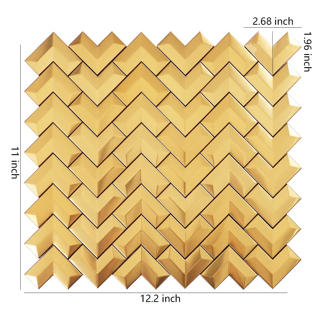 Brushed gold chevron metal mosaic tile sheet with dimension markings in inches.