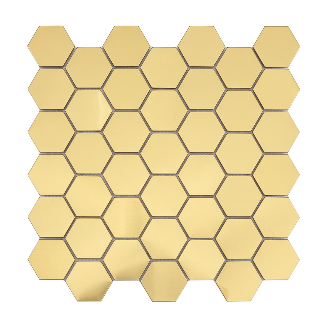 Full front view of a large brushed gold hexagon stainless steel mosaic tile sheet.