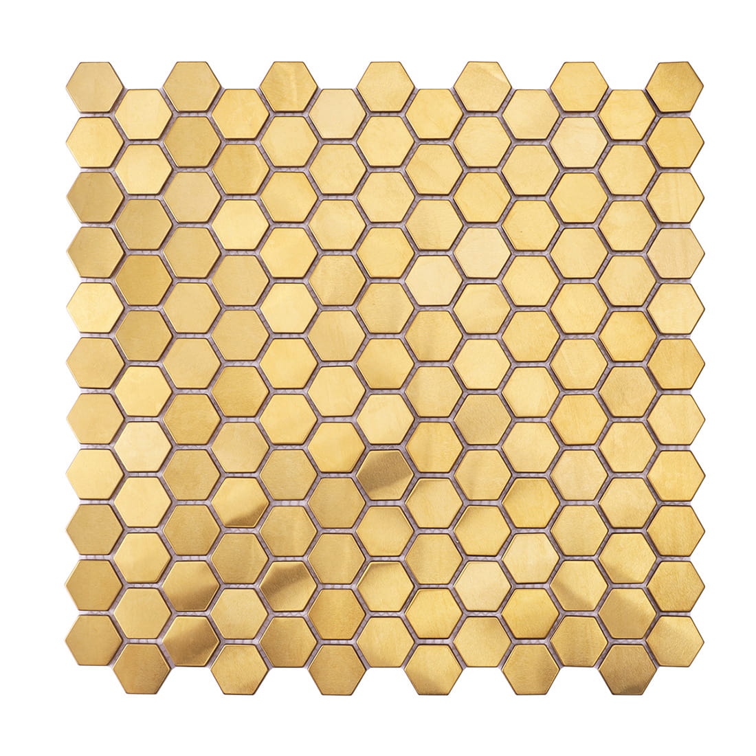 Full front view of a brushed gold hexagon stainless steel mosaic tile sheet