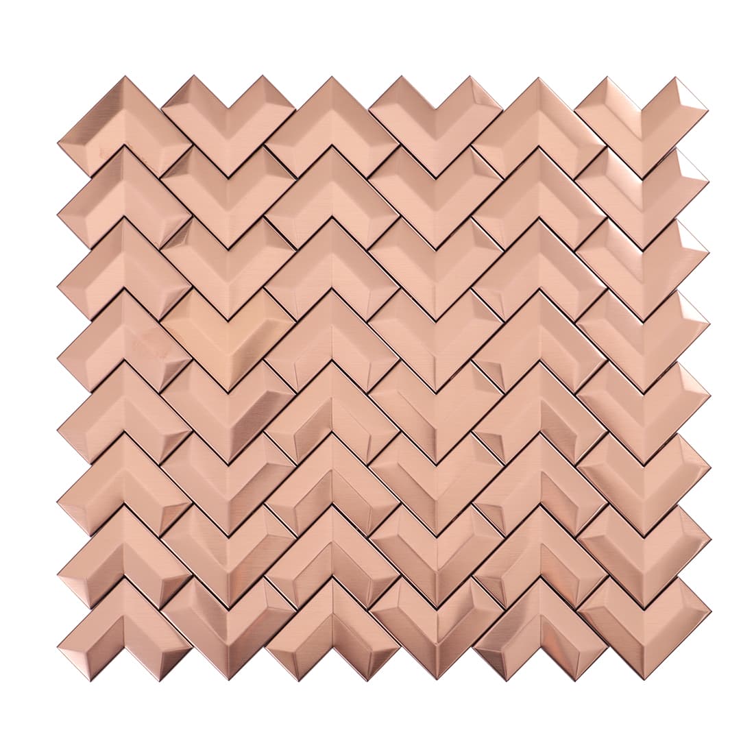A full sheet of brushed rose gold chevron stainless steel mosaic tiles.