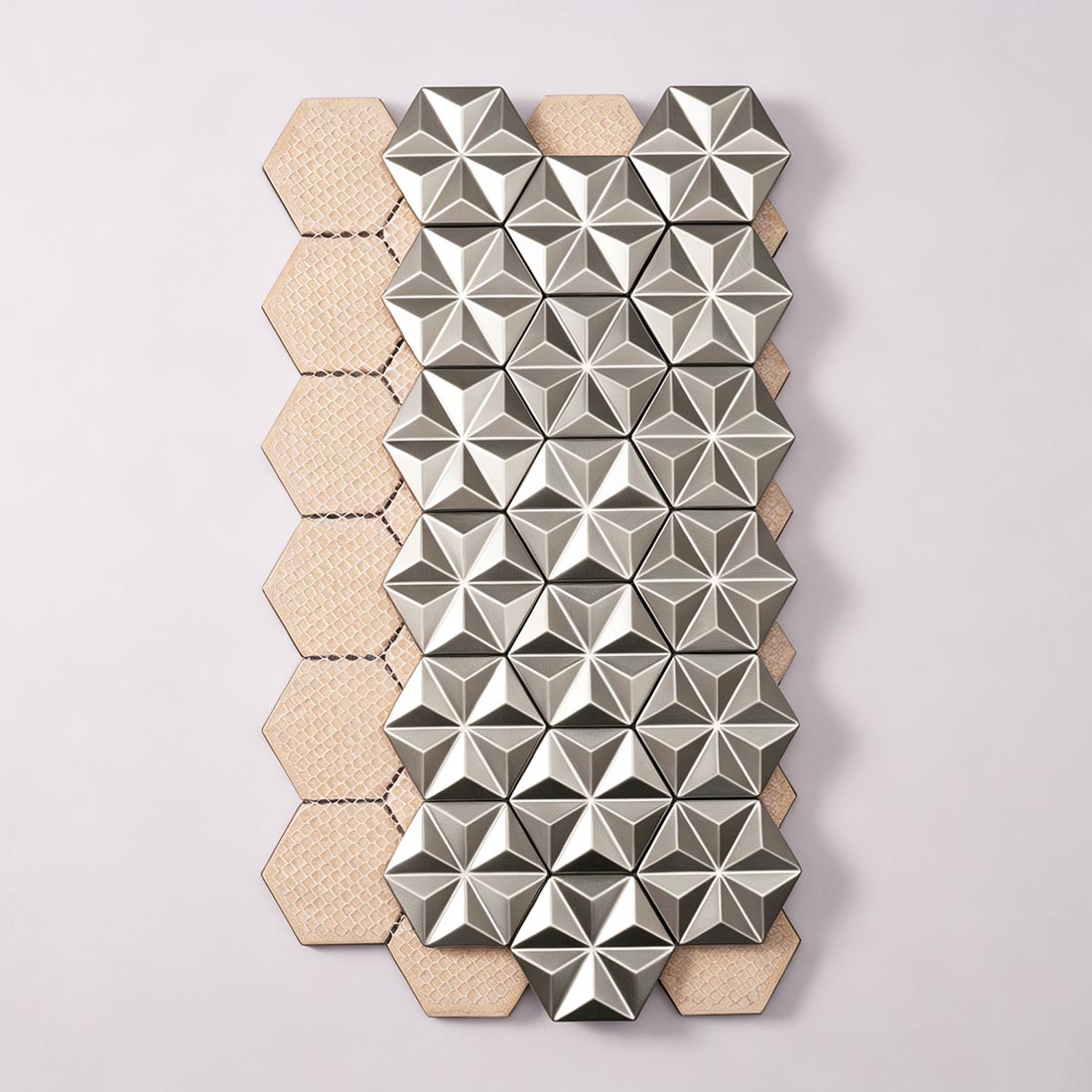 Back view of brushed silver hexagon metal mosaic tile sheet