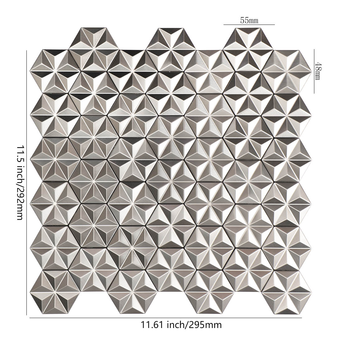 Brushed silver hexagon metal mosaic tile sheet with geometric star pattern