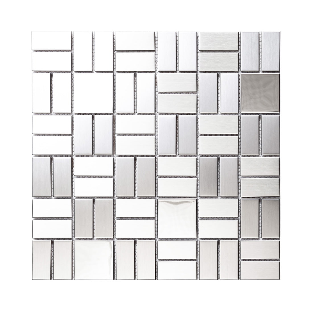 Front view of a brushed silver metal rectangular mosaic tile sheet.