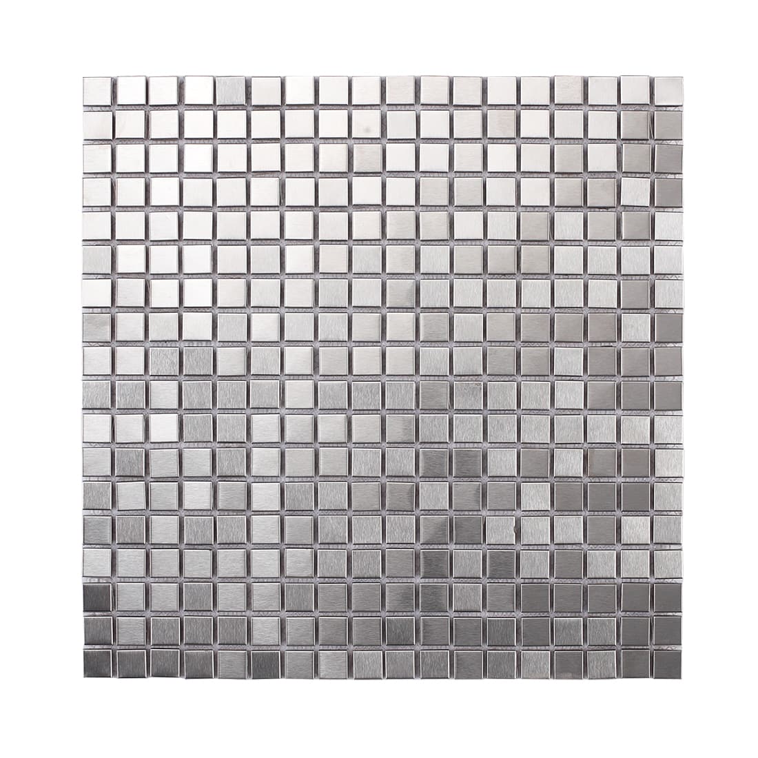 Front view of a brushed silver metal square mosaic tile sheet for kitchen backsplash or walls.