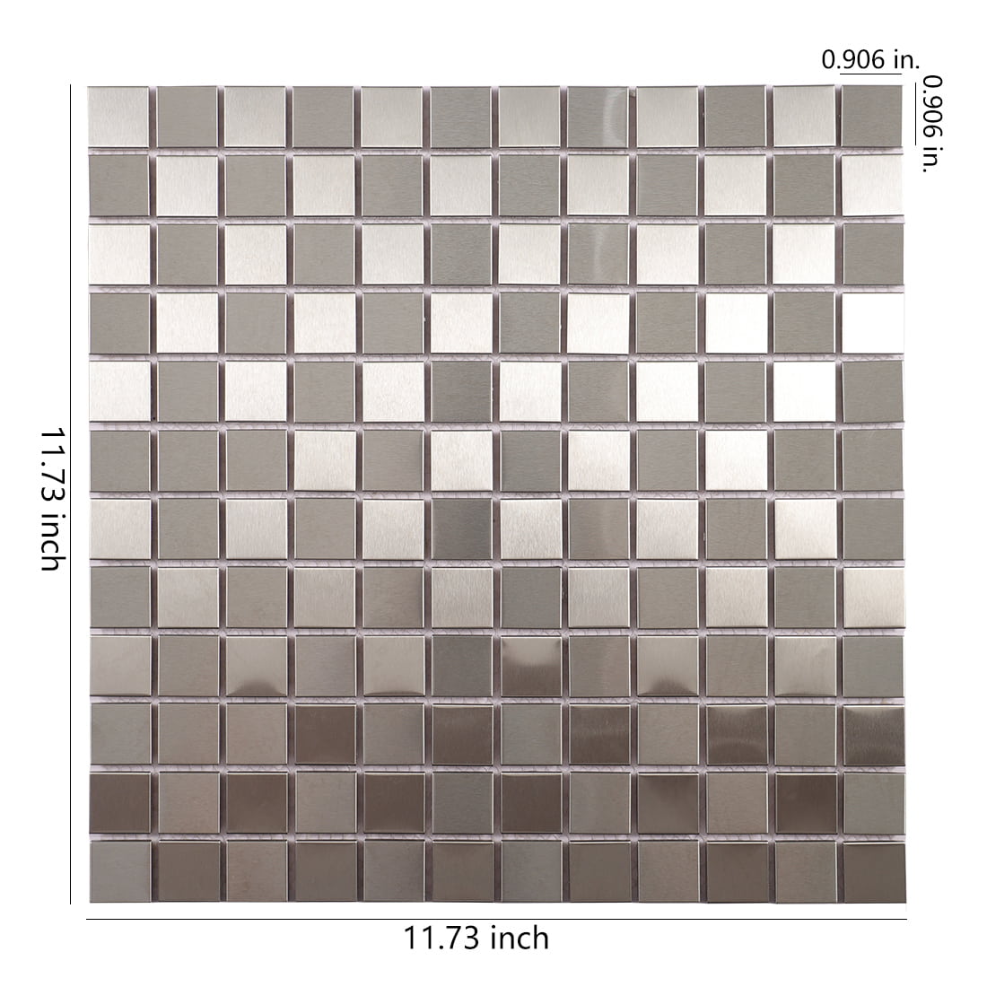 Brushed silver metal mosaic tile sheet showing dimensions in inches.