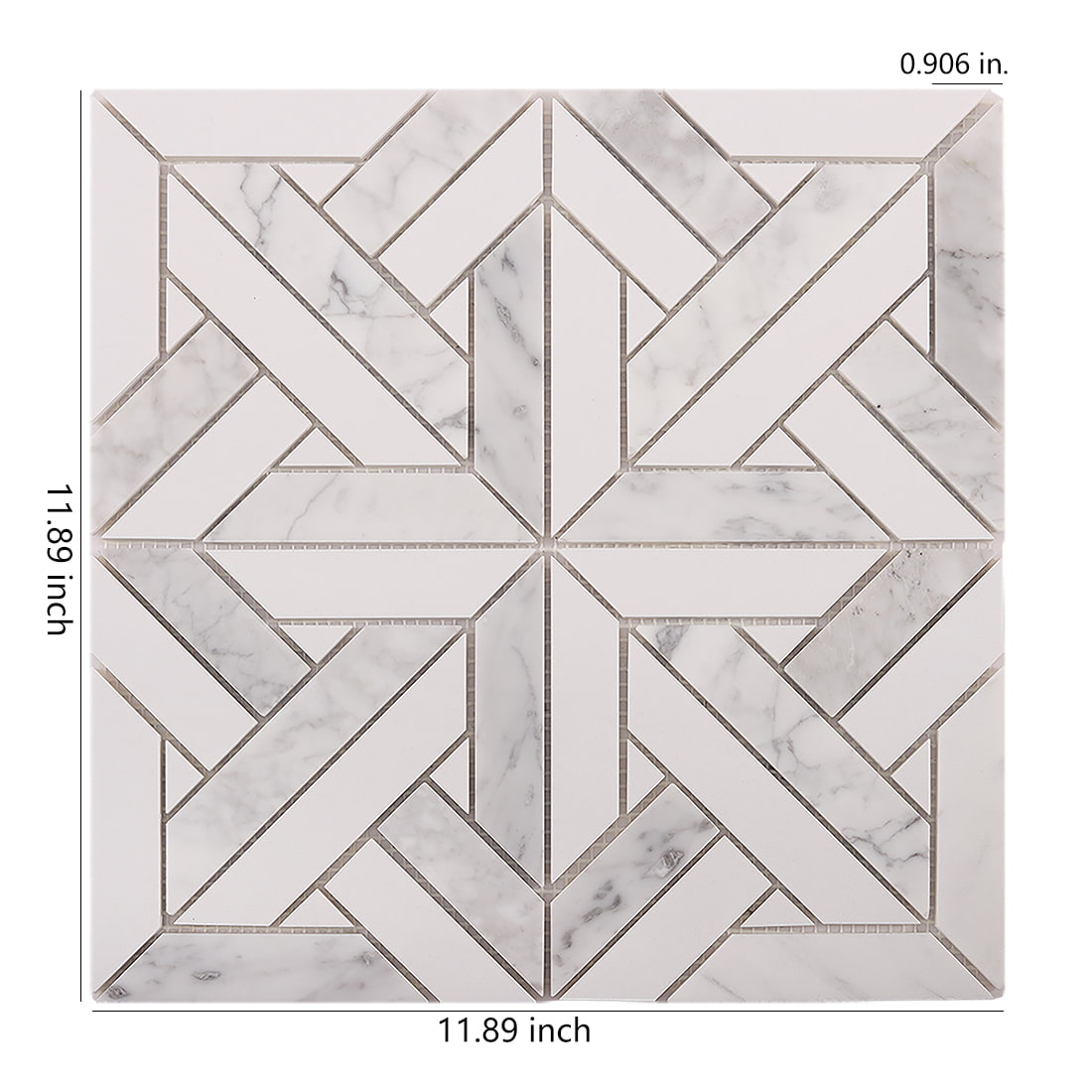 Carrara marble geometric mosaic sheet with 11.89 inch size and thickness reference