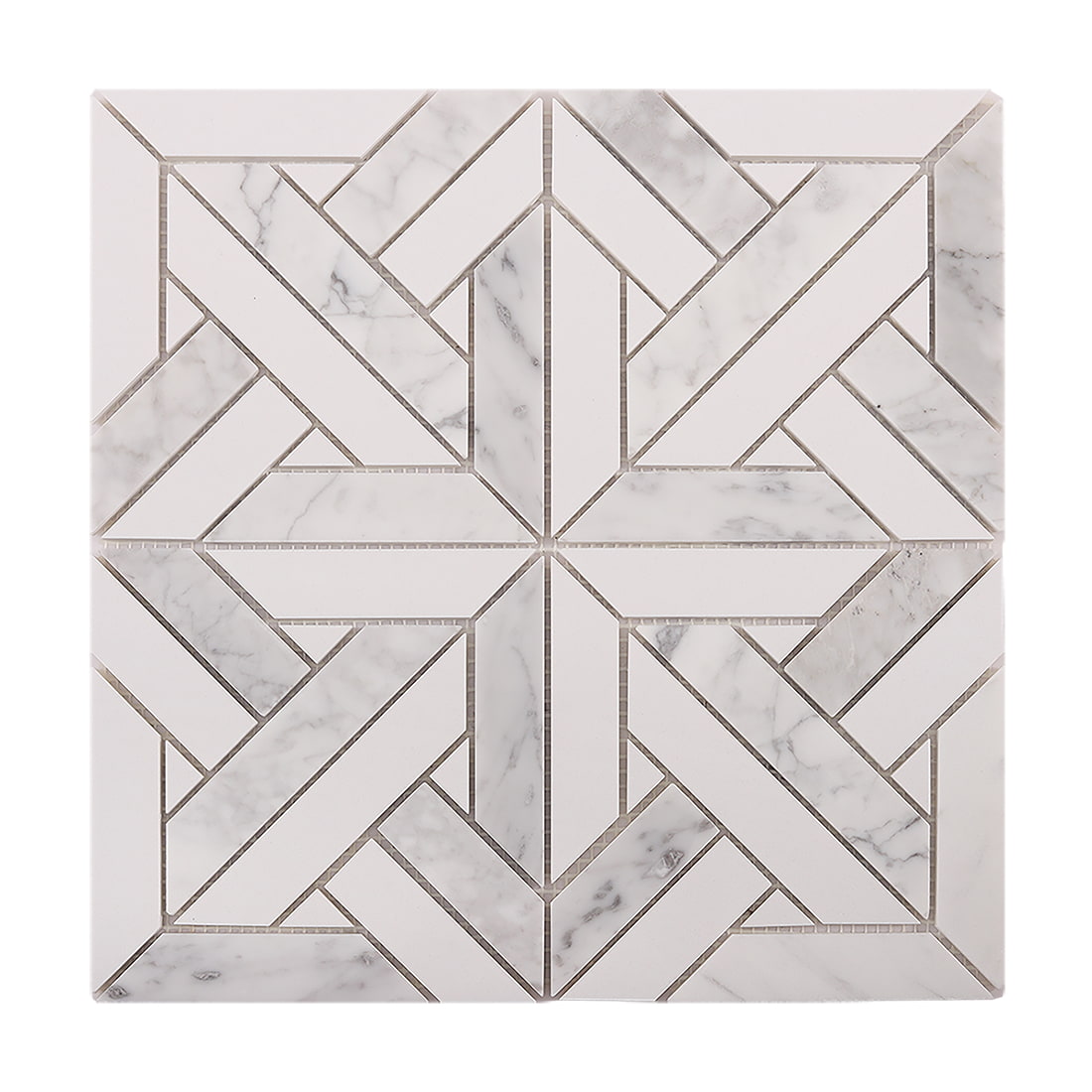 Carrara marble geometric mosaic tile sheet isolated on white background