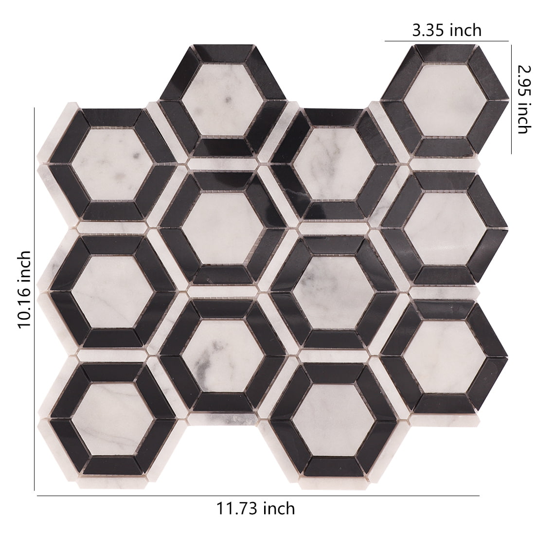 Carrara White and Nero Marquina marble hexagon mosaic tile sheet with size labels