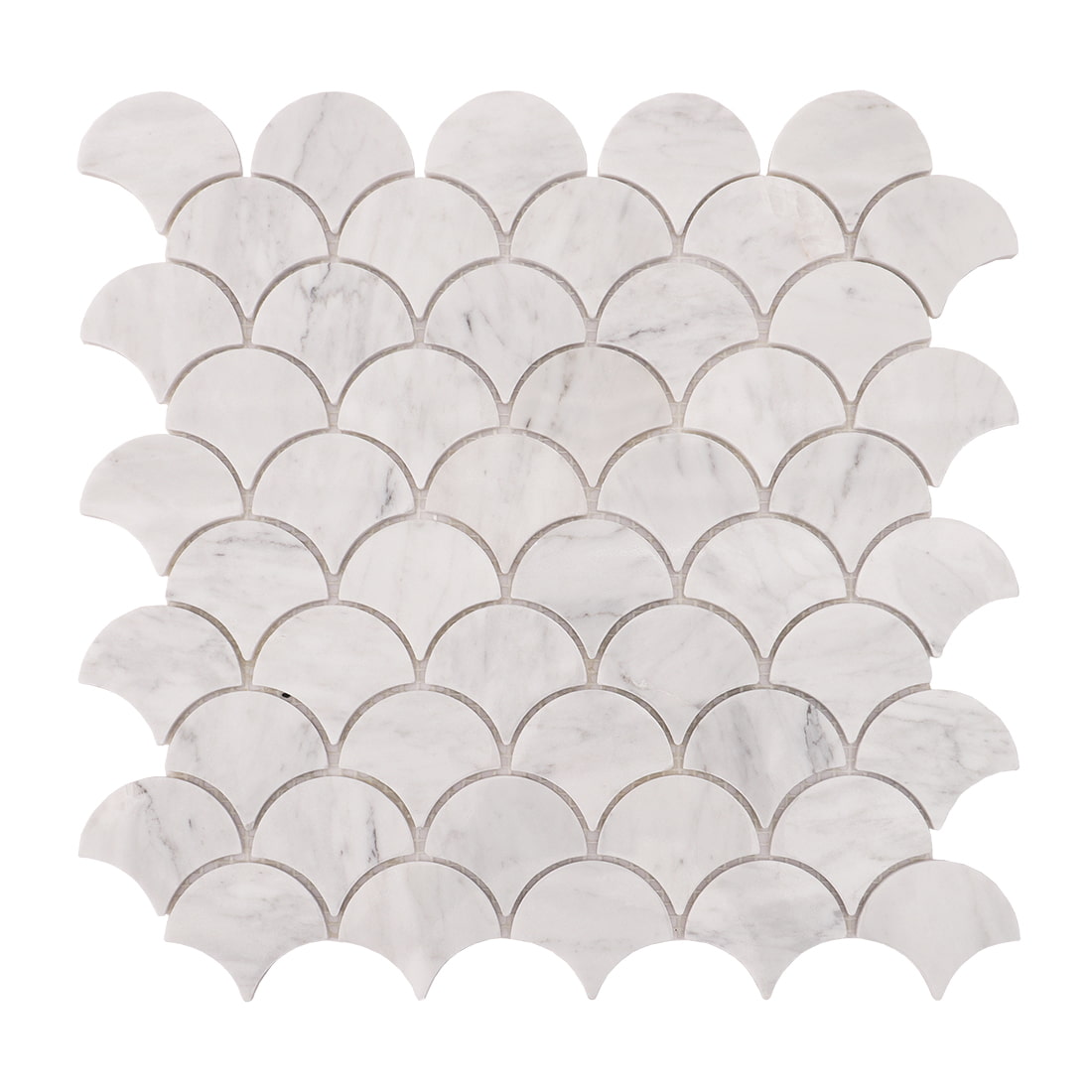 Front view of Carrara white marble fish scale mosaic sheet with soft gray veining