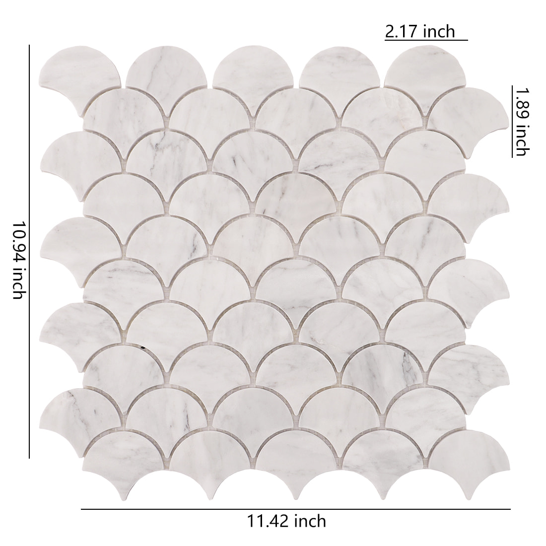 Carrara white marble fish scale mosaic tile sheet with size measurements