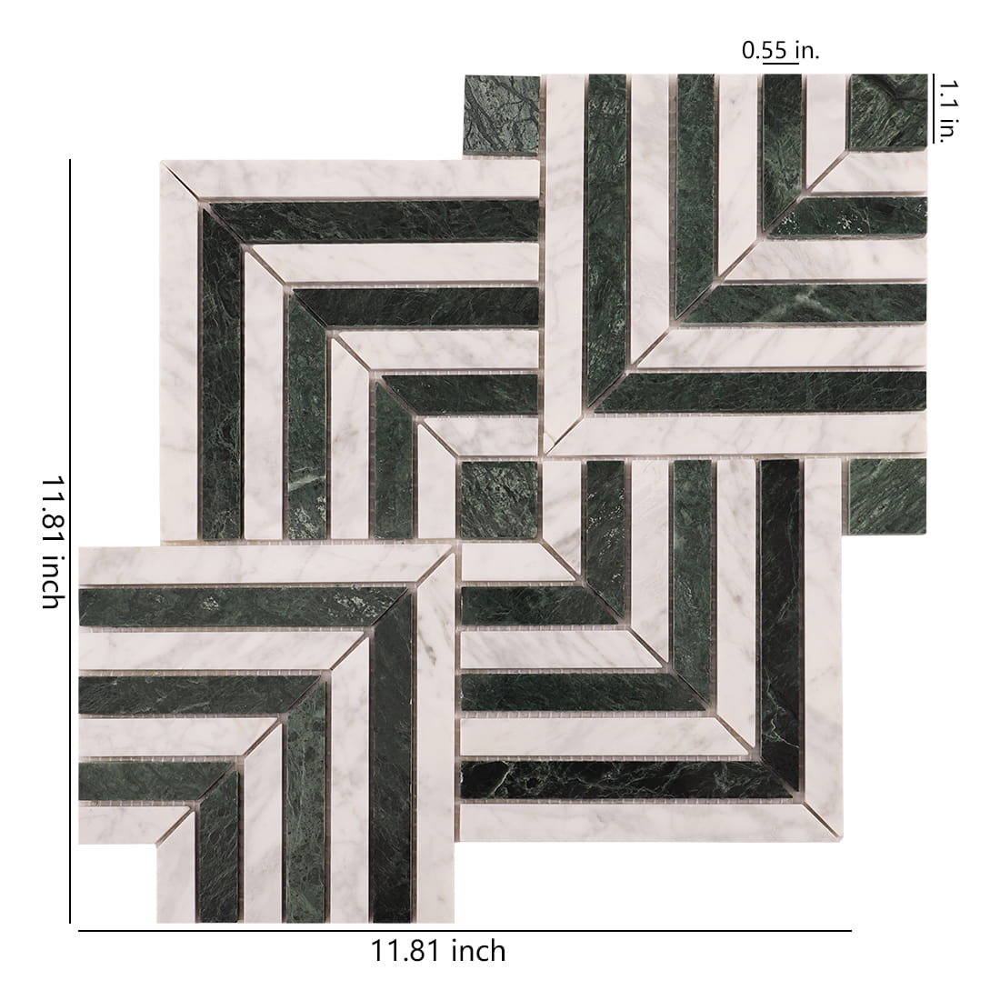 Indian Green and Carrara White Square Geometry Marble Mosaic Floor Tile
