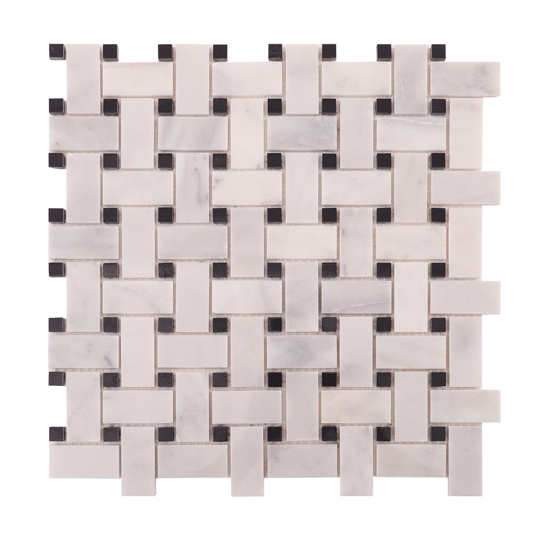 Full sheet view of Carrara white marble basketweave mosaic with black dot joints.