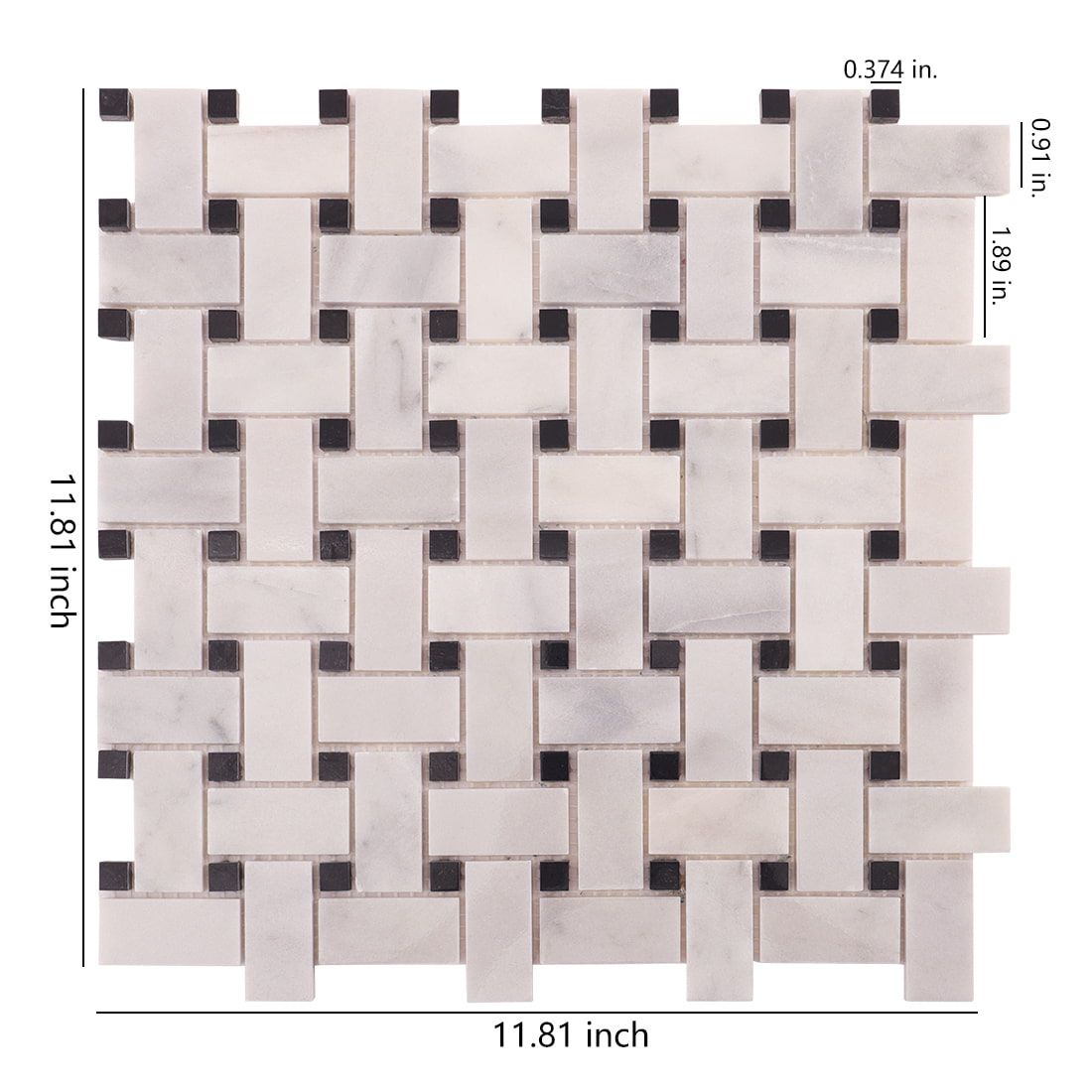 Carrara white basketweave marble mosaic tile with black dots showing overall dimensions.