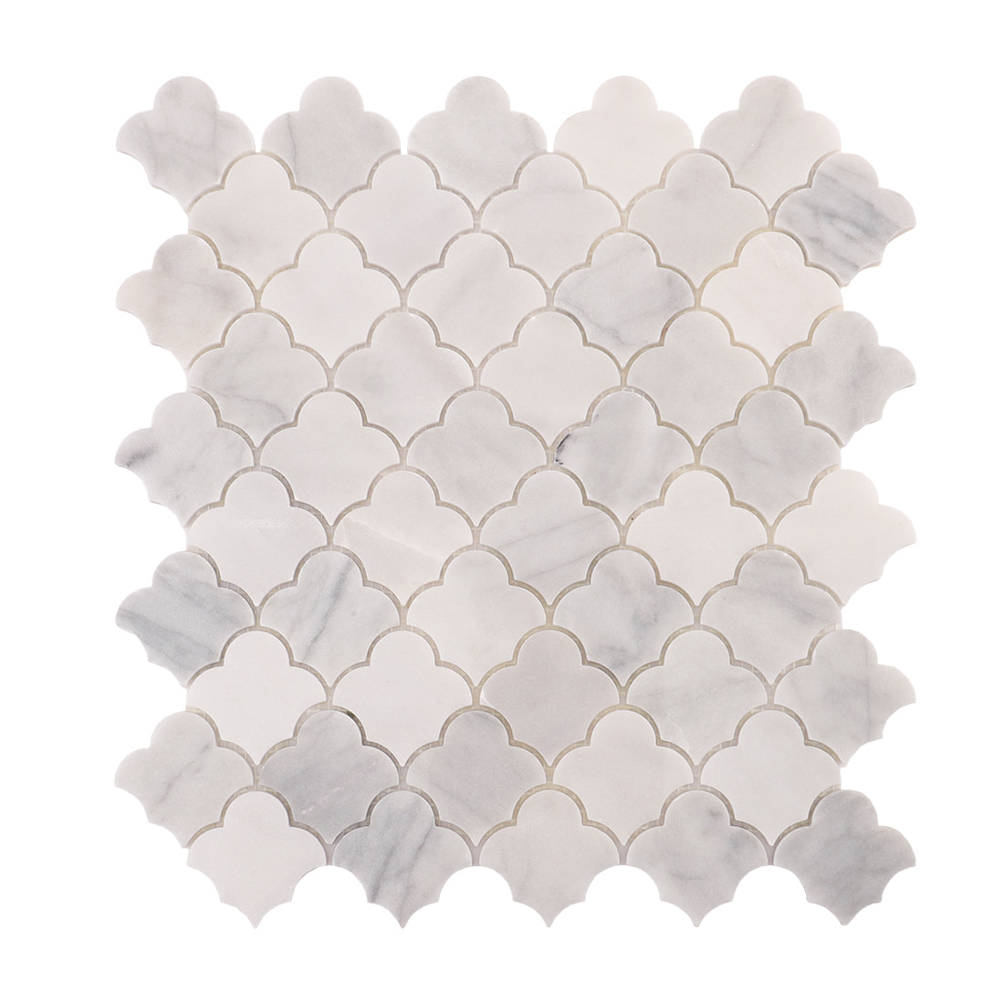 Full sheet view of Carrara white cloud shape marble mosaic tile