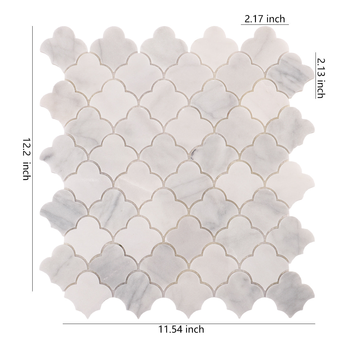 Carrara white cloud shaped marble mosaic tile sheet with size measurements