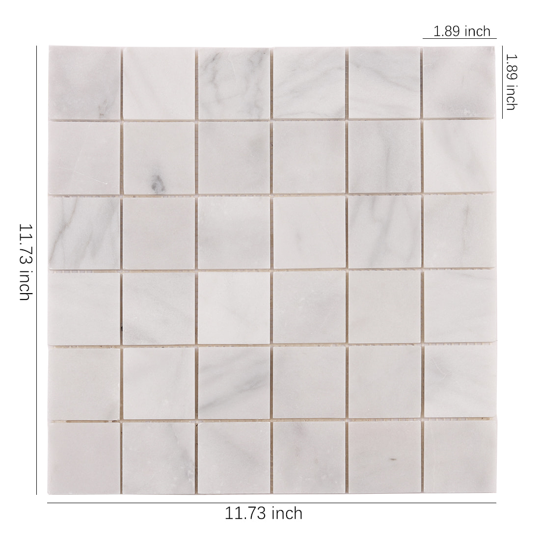 Carrara white large square marble mosaic sheet with 1.89 inch tiles size guide