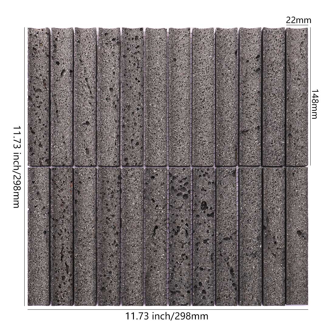 Charcoal gray grooved lava stone mosaic tile sheet with 22 x 148 mm pieces