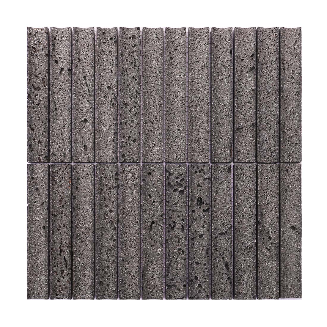 Charcoal gray grooved lava stone mosaic tile sheet in a vertical linear pattern