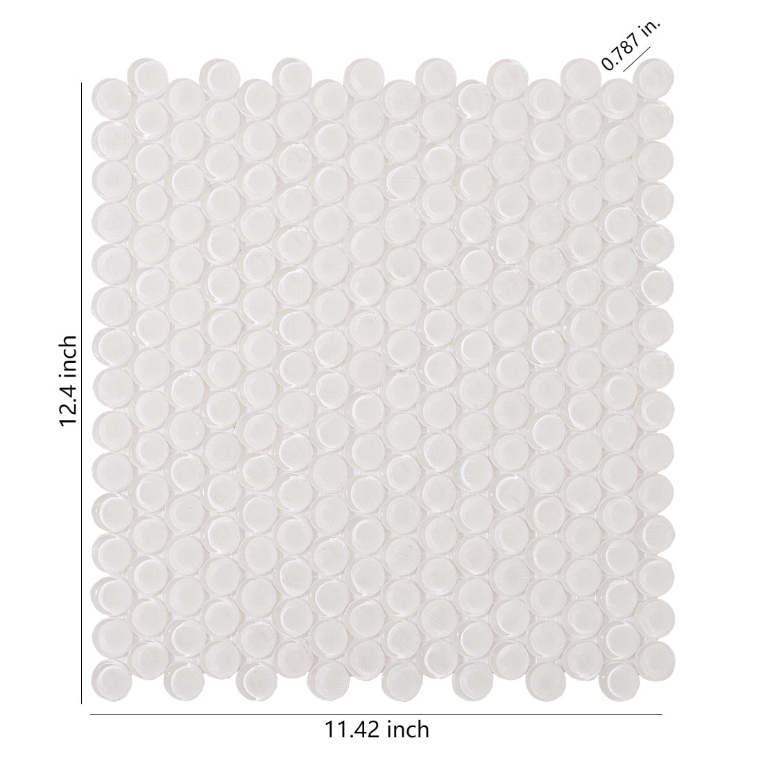 A sheet of clear white round glass mosaic tiles with measurement labels.