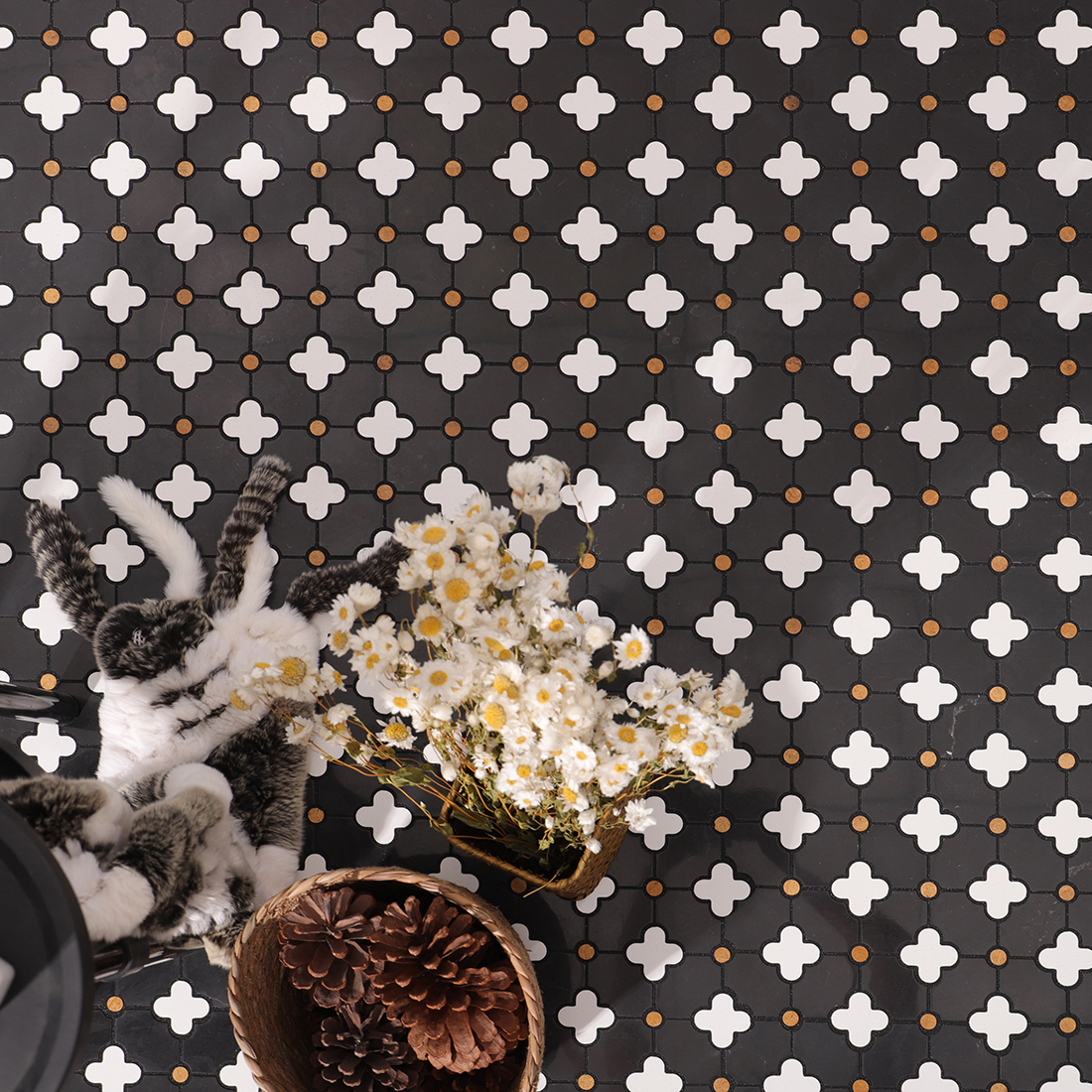 Installed clover mosaic floor scene with decor props for lifestyle styling