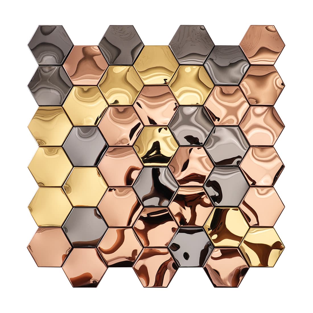 A mesh-mounted mosaic sheet featuring gold, rose gold, and silver hexagon tiles.