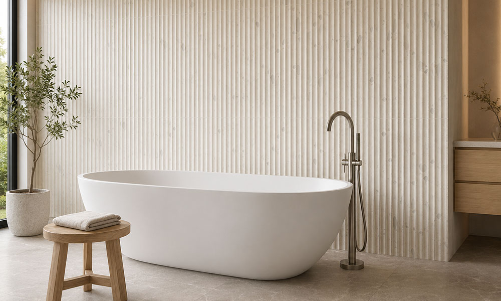 Contemporary fluted tiles behind a freestanding bathtub in a warm modern bathroom