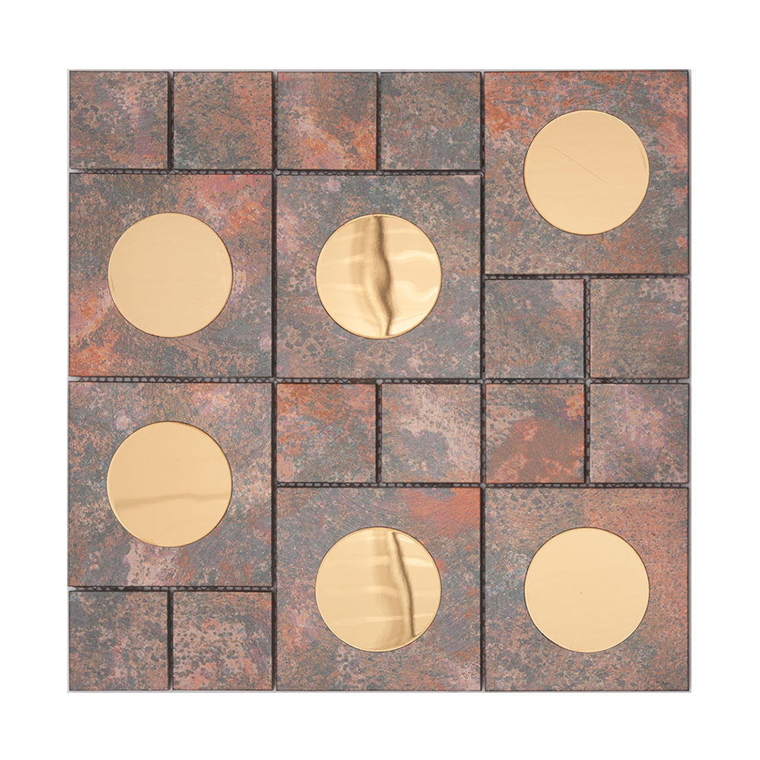 Copper aluminum mosaic tile with round reflective glass inserts