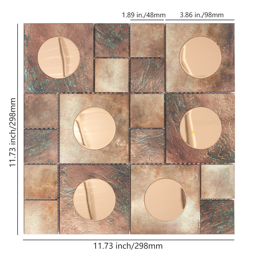 Copper aluminum mosaic tile sheet with round rose gold mirror glass inserts