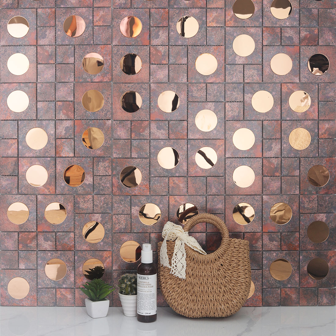 Copper round mirror aluminum mosaic tile used on a dry vanity wall