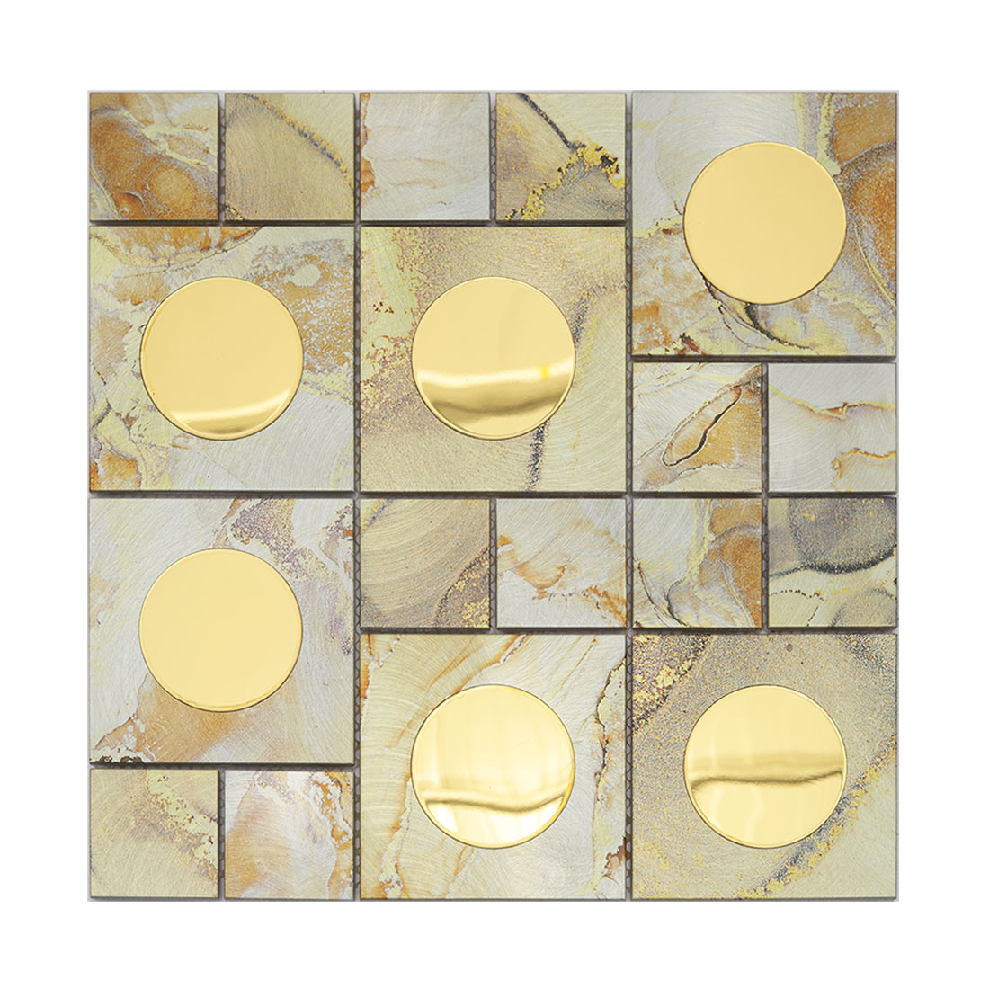 Cream gold aluminum mosaic tile with round reflective glass inserts