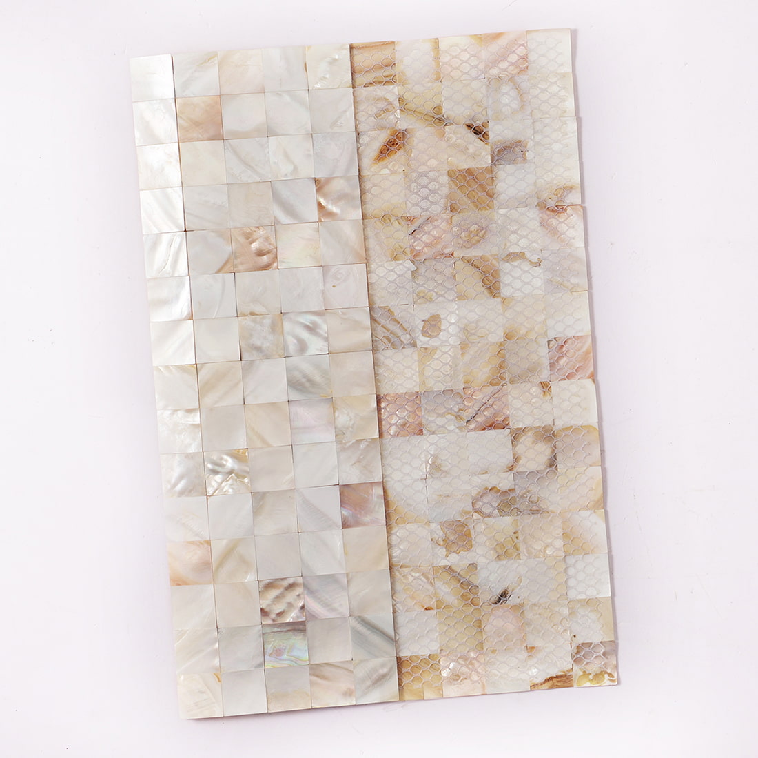 Sample board showing cream white mother of pearl mosaic front and mesh backing