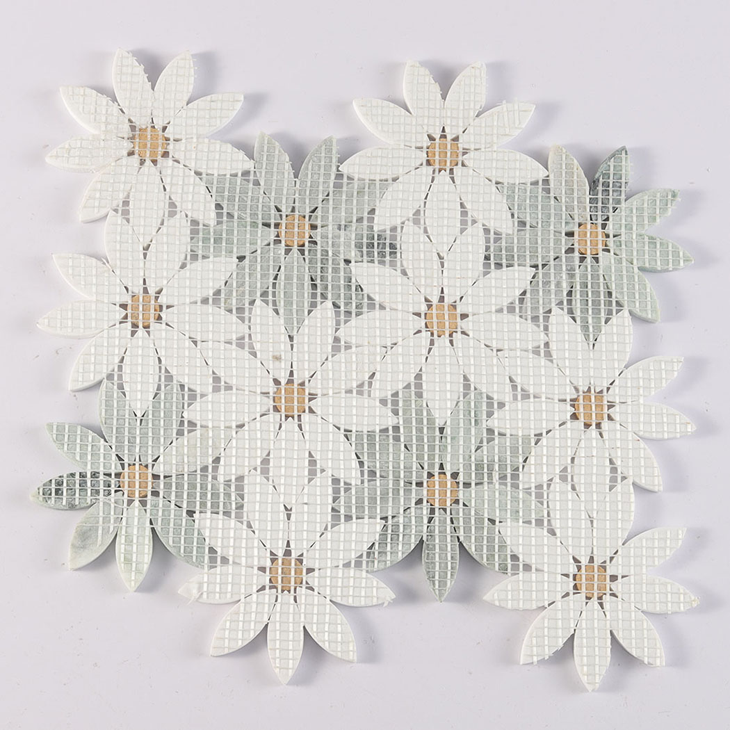 Back view of daisy marble mosaic tile sheet mounted on mesh backing