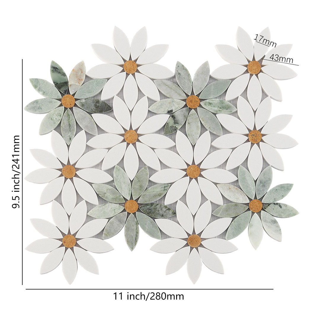 White and Green Flower Marble Floor Mosaic Tile-Woos Tiles